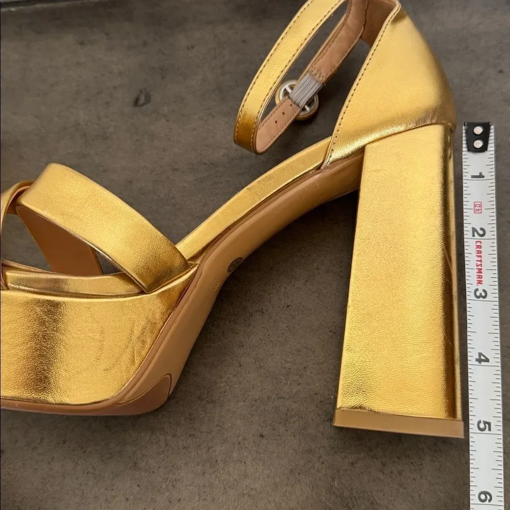 COMJUY Gold Metallic Platform Block High Heel Sandals Peep Toe Women's Size 8